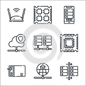 database and servers line icons. linear set. quality vector line set such as data, home network, personal, processor, database,