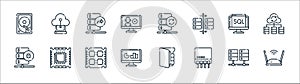 database and servers line icons. linear set. quality vector line set such as wifi router, switch, statistic, malware, sql, data