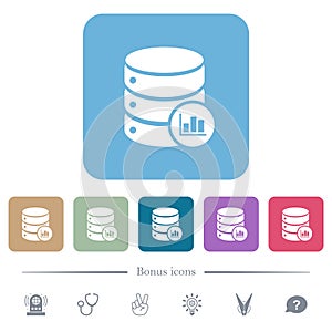 Database statistics solid flat icons on color rounded square backgrounds