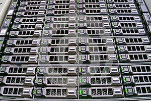 Database storage in the server room of the data center. A modern computer farm. The server array is installed in a rack on the