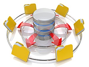 Database symbol connected to computer folder icons (3d render)