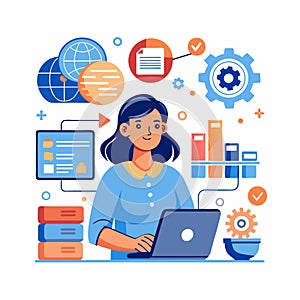 Database system, data network management, woman working with computer laptop on database.