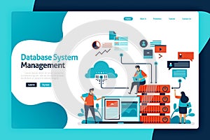 Database system management landing page design. manage, control and manage data access to databases, cloud storage network, chart