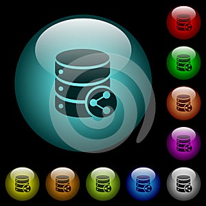 Database table relations icons in color illuminated glass buttons