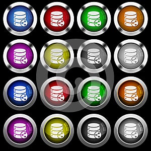 Database table relations white icons in round glossy buttons on black background