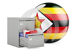 Database in Zimbabwe, concept. Folders in filing cabinet with Zimbabwean flag, 3D rendering