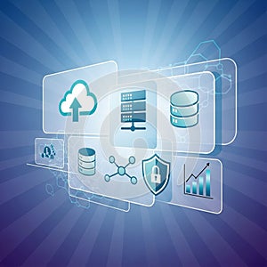 Databases and a shield with a lock symbolizing cybersecurity.