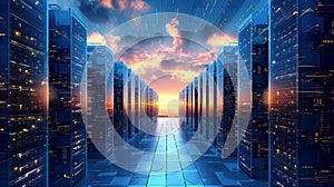 Datacenter filled with rows of server racks cloud computing and storage, Generative AI