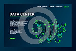 Datacenter, hosting server or data center room concept. Concept of big data processing center, cloud database