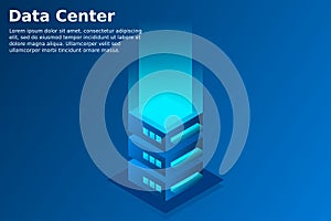 Datacenter isometric vector illustration. Abstract 3d hosting server or data center room background.