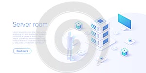 Datacenter isometric vector illustration. Abstract hosting server or data center room background. Network or mainframe