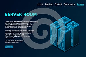 Datacenter isometric vector illustration. Abstract hosting server or data center room background. Network or mainframe infrastruct