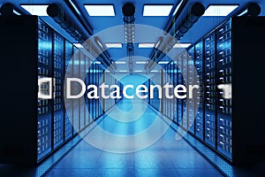 Datacenter logo in large modern data center with multiple rows of network internet server racks, 3D Illustration