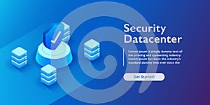 Datacenter Security isometric vector illustration. Abstract 3d hosting server or data center room background. Network or mainframe