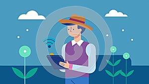 DataDriven Farming A farmer standing in a field holding a tablet displaying realtime data analytics generated by AI from photo
