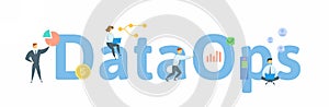 DataOps, process-oriented methodology, used by analytic and data teams. Concept with keywords, people and icons. Flat