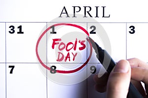 The date of April 1 is circled on the calendar. April Fool`s Day