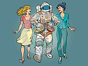 Date. A astronaut with two girls. Unconventional marriage. Friends are walking