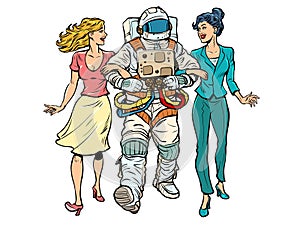 Date. A astronaut with two girls. Unconventional marriage. Friends are walking