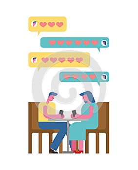 Date in cafe with phone. Virtual date smartphone. Love chat. rendezvous at table. Man and woman. Love couple