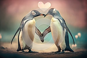 Date of a couple of penguins in love, created with Generative AI technology