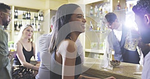 Date, drinks and smile with couple at bar for alcohol, social event and happy hour. Cocktail, energy and nightclub with