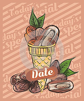 Date ice cream scoop in cone. Vector sketch illustration. Fruit ice cream idea, concept