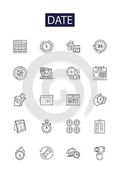 Date line vector icons and signs. Calendar, Dateline, Appoint, Due, Romance, Courtship, Datebook, Amorous outline vector
