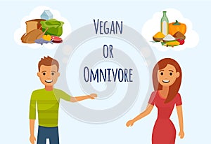 Date or meeting of two young people girl and man thinking about each other vector illustration. Vegetarian or meat eater