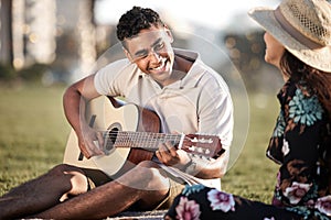 Date, picnic and man with guitar for romance, love and anniversary in Puerto Rico. Couple, happy and music in outing on
