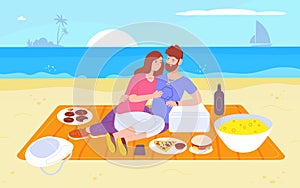 Date seashore. Romantic couple hugging on beach, man and woman drinking wine eating food summer picnic, people rest