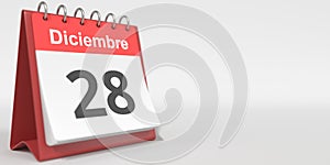 December 28 date written in Spanish on the flip calendar, 3d rendering photo