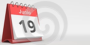 June 19 date written in Spanish on the flip calendar, 3d rendering photo