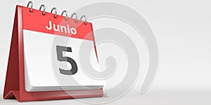 June 5 date written in Spanish on the flip calendar, 3d rendering photo