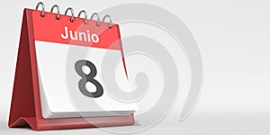 June 8 date written in Spanish on the flip calendar, 3d rendering photo