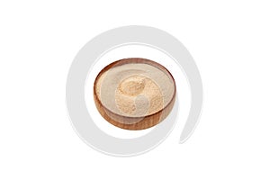 Date sugar in wooden bowl on white background. top view.  No refined sugars. Natural date powder
