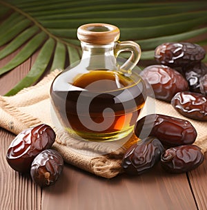 Date syrup with dates fruits. Healthy food. Ai generative