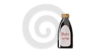 Date syrup in a glass bottle falls to the surface, and date fruit emerges from beneath the bottle. Illustration on white