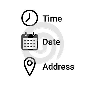 Date time address line icon invitation vector event. Place calendar clock pin address event invitation symbol design
