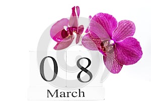 Date white block calendar for International Women`s Day, March 8