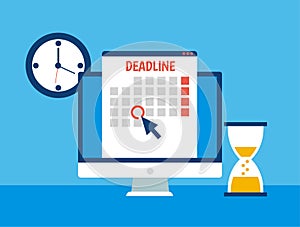 Dates and Deadlines banner. Computer with calendar, clock and hourglass