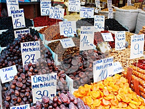 Dates, figs and other dried fruits sold on a Turkish fruit market