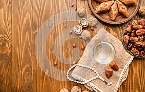 Dates, rosaries and baklava. Ramadan. Selective focus