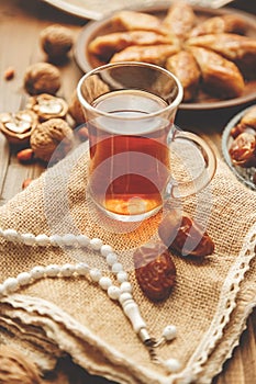 Dates, rosaries and baklava. Ramadan. Selective focus