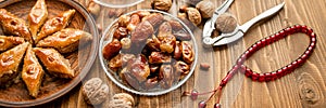 Dates, rosaries and baklava. Ramadan. Selective focus