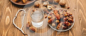 Dates, rosaries and baklava. Ramadan. Selective focus