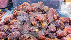 Dates are sold at a dried fruit market.