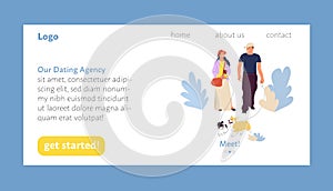 Dating agency landing page user interface design template, happy couple meeting and falling in love