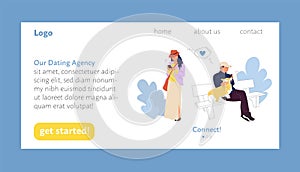 Dating agency landing page user interface design template, happy couple meeting and falling in love