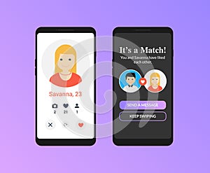 Dating app online mobile concept. Female male profile flat design. Couple match for relationship